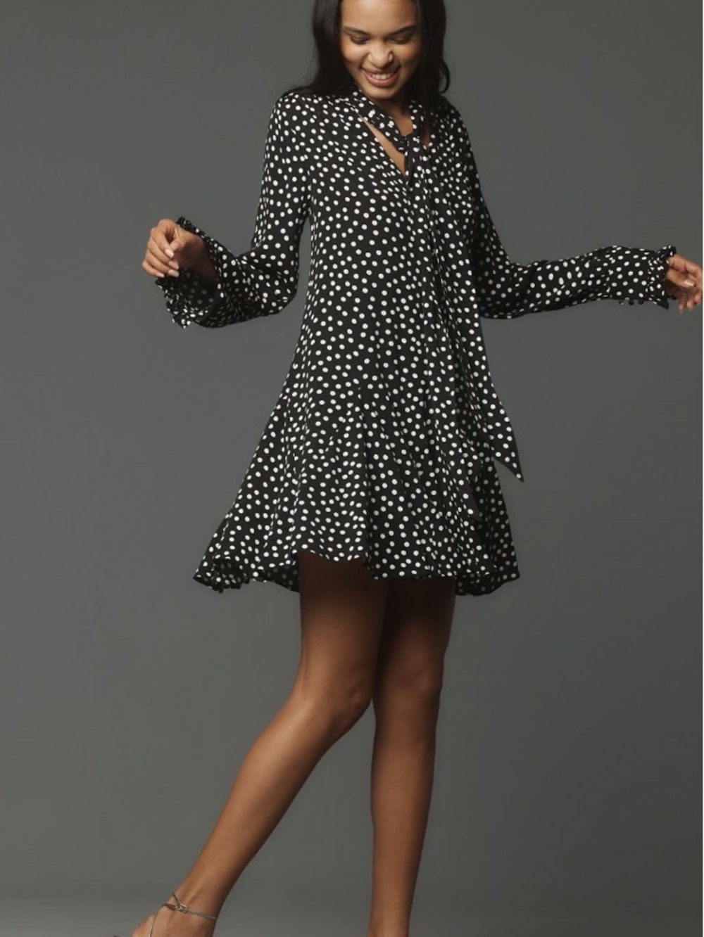 Anthropologie Polka Dot Tie Neck Mini Dress Black White Ruffle Size S Parisian - Picture 3 of 14